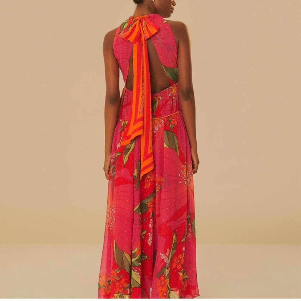 NEW FARM Rio Red Pietra Floral Sleeveless Maxi Dress Chiffon Rhinestones Size XL - Picture 5 of 16